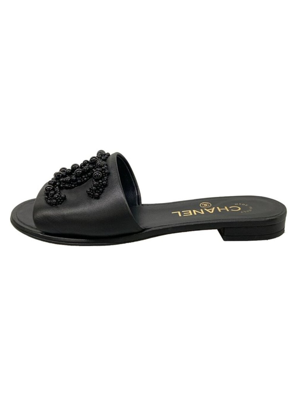 Chanel Sandals 35 C Black Beads CC Logo Open Toe Leather